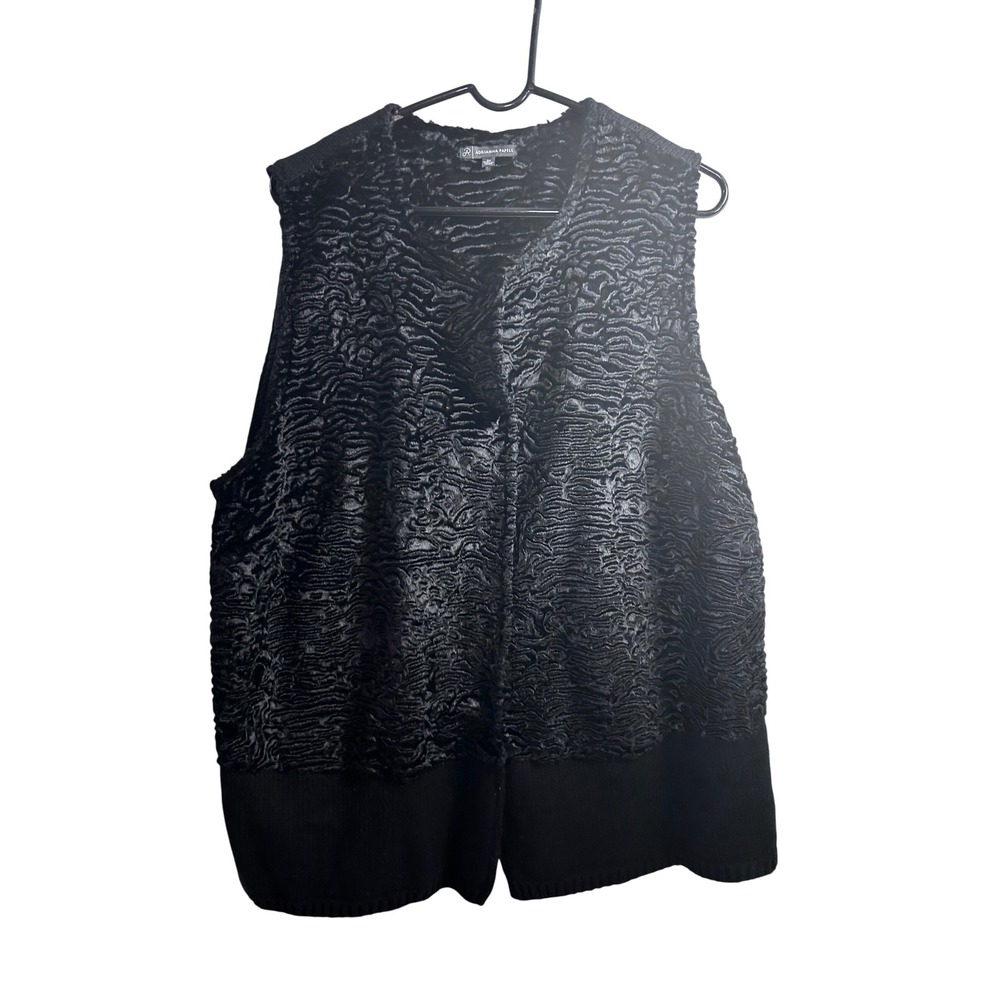 Adrianna Papell Vest 2X Black Faux Fur Textured Ribbed Hem Women